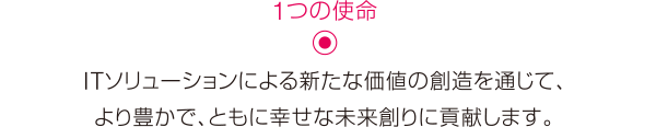 ［1つの使命］ITソリューションによる新たな価値の創造を通じて、より豊かで、ともに幸せな未来創りに貢献します。
